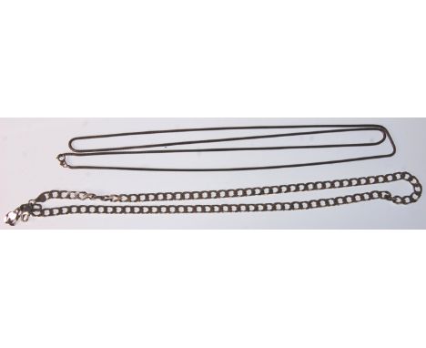 Two long silver necklace chains. One being a snake link example having a spring ring clasp. Measures 35 inches long. Together
