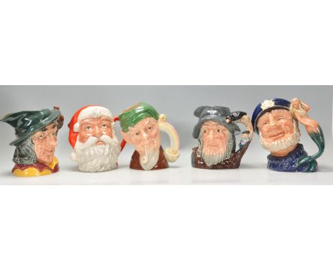 A group of five Royal Doulton ceramic character jugs to include the Pied Piper D6403, Old Salt D6551, Leprechaun D6847, Rip V