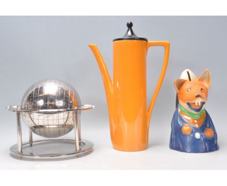 A vintage retro 20th Century Portmeirion coffee pot having an orange body with angular handle and black lid, together with a 