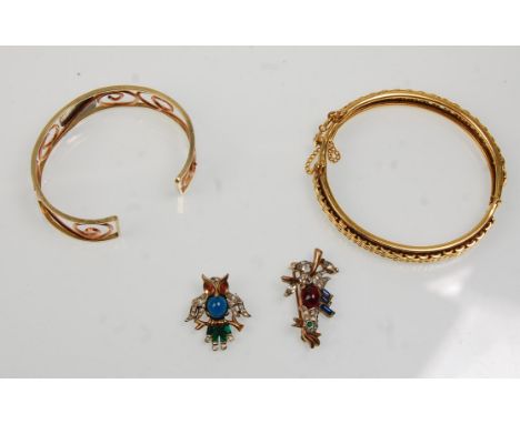 A pair of French Trifari brooches, one brooch in the form of an owl, each stamped to the back. Together with a gold filled bi