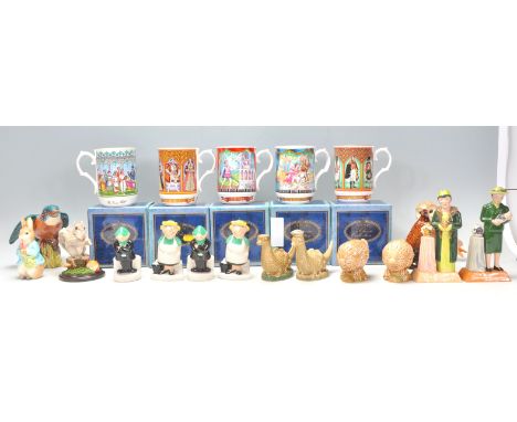 A large mixed group of twenty mostly ceramic figures to include Sadler made mugs including Romeo and Juliet, Midsummer Night'