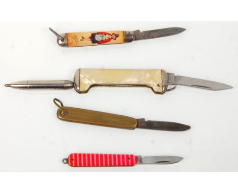 A group of four vintage pen knives to include a Jeremy Jones welsh advertising penknife, a striped enamelled knife, a pen kni