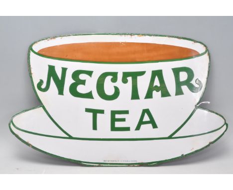 A vintage enamel advertising sign for 'Nectar Tea' in the form of a teacup and saucer. 32cm x 53cm.