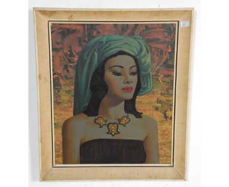 A vintage retro Tretchikoff ' Balinese Girl ' print depicting a portrait of a woman wearing a head wrap and gold jewellery ha