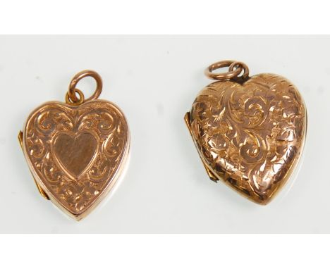 Two vintage 9ct gold back and front heart lockets with both having engraved scroll and floral decoration. Total weight 5g. Bi