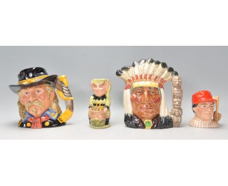 A group of four Royal Doulton ceramic character jugs to include General Custer D7079, Leprechaun D6948, North American Indian