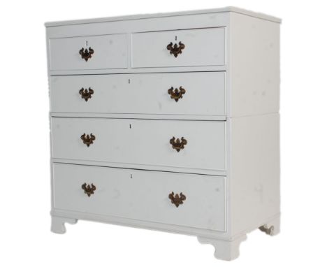 A Victorian painted pine 2 over 3 chest of drawers being raised on bracket feet with 2 short over 3 deep drawers having brass