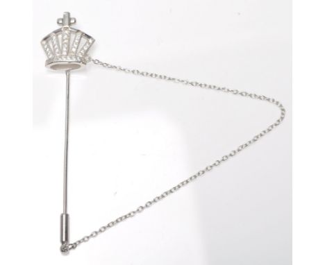 A stamped 925 silver tie / stick pin having a crown finial being set with round cut CZ's. Measures 3 inches. Weight 2.9g.
