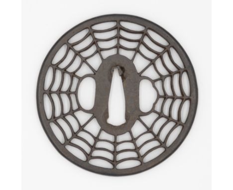 Iron tsuba with a spiderweb design  Date: 19th century  Size: 8.1 x 8 x 0.5 cm, C: 2.9 x 0.8 cm  Condition: Good for age. Min