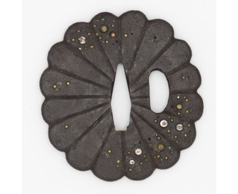 19th century iron inlayed tsuba  Size: 7 x 6.6 x 0.3 cm (C) 2.8 x 0.8 cm  Condition: Wear consistent with age. Includes woode