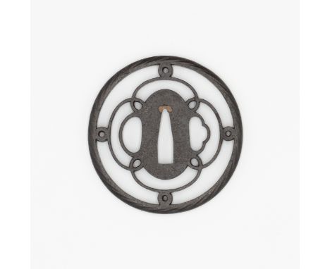 19th century Mumei, Kanmokko sukashi, Tochihata Tsuba, Engraving straw-rope pattern on the rim  Size: 7.3 x 7.1 cm, c: 2.5 x 