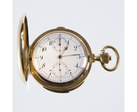             Savonnette Chronograph mit Schlagwerk in GoldGehäuse-Nr. 30273. 750er Gelbgold (18 ct), Gold-Innendeckel, Feingeh