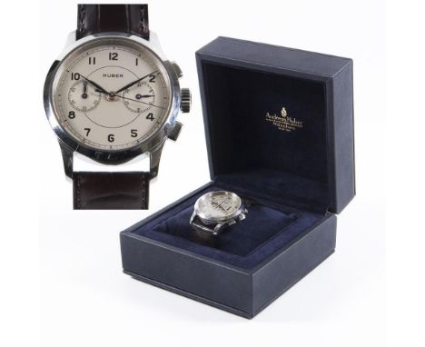  Armbanduhr-Chronograph: Modell AntiquaANDREAS HUBER. Referenz-Nr. AH 1856 CHR. Edelstahl. ø 40 mm. 77 Gramm. Limitiert, numm