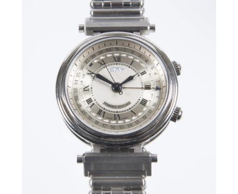             Armbanduhr-Chronometer AlarmFORGET. Referenz-Nr. C 028, Gangschein-Nr. 4037227. Edelstahl. ø 39 mm. 115 Gramm.   