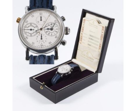  Armbanduhr-Chronograph RattrapanteCHRONOSWISS. Referenz-Nr. CH 7323, Gehäuse-Nr. 20064. Edelstahl. ø 39 mm. 76 Gramm. Schwei