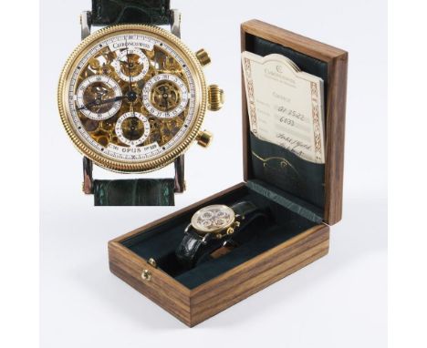  Armbanduhr: Skelett-Chronograph OpusCHRONOSWISS. Referenz-Nr. CH 7522, Gehäuse-Nr. 6033. Edelstahl, 750er Gelbgold-Lünetten 