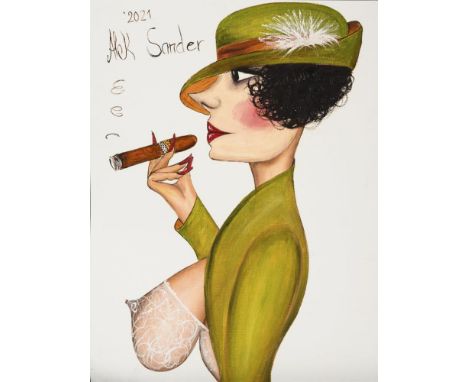                     SANDER,             Alek    Frau mit ZigarreÖl/Papier. Links oben signiert. Datiert: 2021. 40 x 30 cm.   