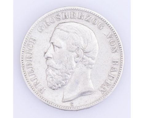 5 Mark, Baden, 1875            Silber. 27,4 g.             "Friedrich Grosherzog von Baden", Porträt nach links blickend    Z