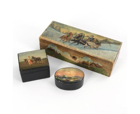 3 bemalte russische DosenAbramzewo, Wischnjakow, Palech. Kleine Quaderdose "Made in Russia" gemarkt. Anfang 20. Jh. Meeresbil