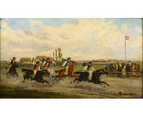                     SANDOR,             R.    PusztareiterÖl/Holz. Rechts unten signiert. Um 1900. 18 x 31,5 cm. Gerahmt25 x 