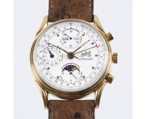  Armbanduhr-Chronograph mit KalenderDUBOIS.   Edelstahl, vergoldet, Stahlboden. ø 37 mm. 65 Gramm. Limitiert, nummeriert: 517