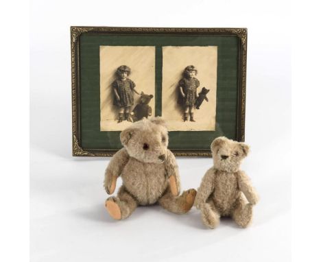 Bilderrahmen und 2 Steiff-TeddysOhne Knopf und Fähnchen.             Mohair. L 14/18 cm.             Verglaster Rahmen mit 2 