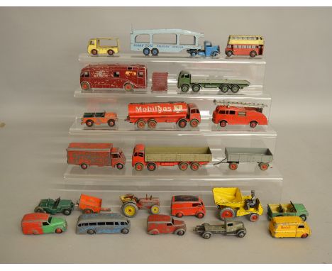 21 unboxed playworn Dinky Toys, mostly trucks and vans of various types although does include a Bedford Transporter, 555 Comm