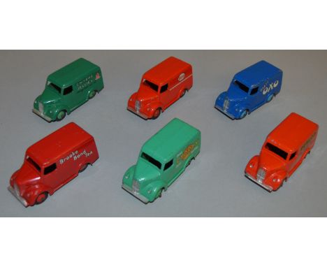 6 unboxed Dinky Toys Trojan Van models including Chivers, Esso, Dunlop, Oxo, Cydrax and Brooke Bond variants. Overall conditi