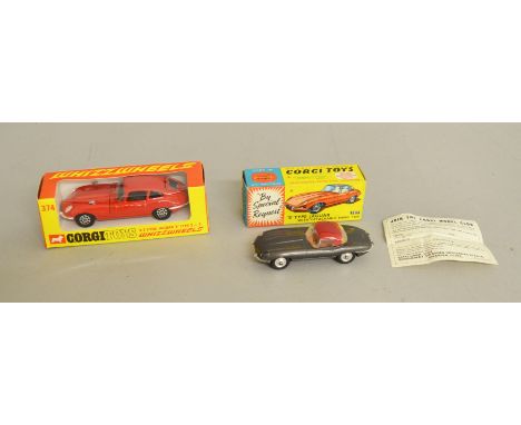 2 vintage boxed Corgi Toys: #307 E Type Jaguar with hard top, and #374 Whizzwheels 4.2l Jaguar E Type 2+2, overall appear G/V