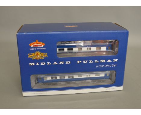 OO Gauge. A boxed Bachmann 31-225DC DCC On Board BR Midland Pullman 6 unit Set in Nanking Blue including Dual Power Cars, app