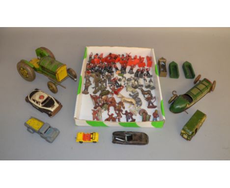 7 unboxed tinplate and diecast models with varying degrees of play wear, some with damage and/or missing parts including a Me