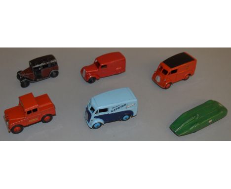 6 unboxed vintage die-cast Dinky models; M.G. Record Car, Morris 10 cwt Van etc, models range from F to VG (6).