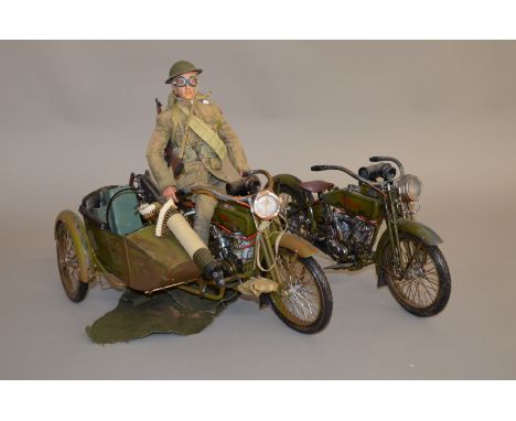 Two unboxed World War I Harley Davidson models in 1:6 scale, one with machine gun fitted to sidecar. A customised Dragon U.S.