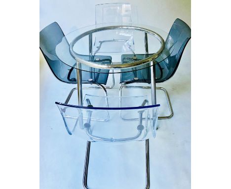 KITCHEN TABLE AND CHAIRS, 95cm diam. x 72cm H, glazed top on chromium base, with four cantilever chairs. (5) 