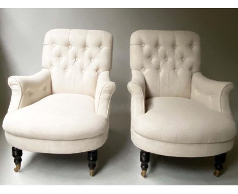 ARMCHAIRS, a pair Howard style in button back oatmeal 74cm W. (2) 