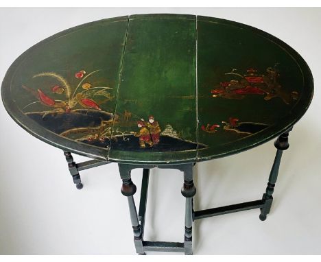 SUTHERLAND TABLE, late 19th century oval green with Chinoiserie gilt polychrome decoration and twin flaps, 76cm x 50cm x 60cm