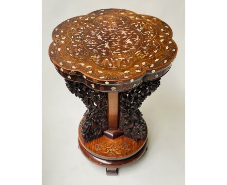 LAMP TABLE, 34cm W x 71cm H, 19th Century Chinese, lobed circular fruitwood and bone inlay, featuring figures on carved trifo