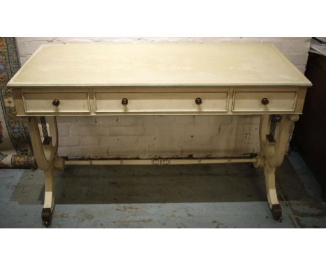 WRITING TABLE, 77cm H x 125cm W x 57cm D Regency style painted and brass mounted with three drawers. 