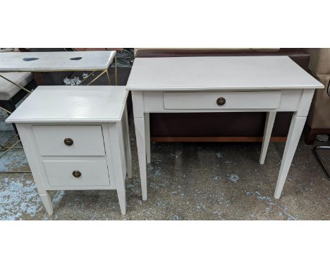 WRITING TABLE, white, Scandinavian style, 46cm D x 78cm H x 91cm W, together with a two drawer white bedside cabinet, 52cm W 