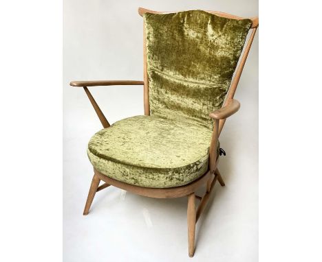 ERCOL ARMCHAIR, stick back elm and beech with green silk velvet cushions, 71cm W. 