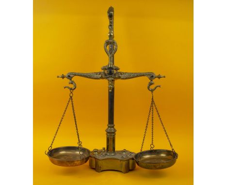 APOTHECARY SCALES, 60cm H x 47cm W, early 20th century Portuguese brass, pivot balance, stylised fish hooks and fluted centre