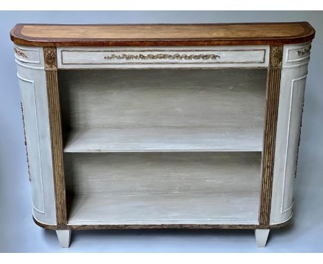 OPEN BOOKCASE, 114cm x 25cm x 90cm H, 19th century, painted gilt, of bowed outline with satinwood crossbanded top and open sh