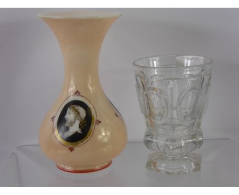 An Antique Opaque Glass Vase, hand painted Grecian profiles, approx 18 cms together with a Georgian cut glass tumbler. (2)