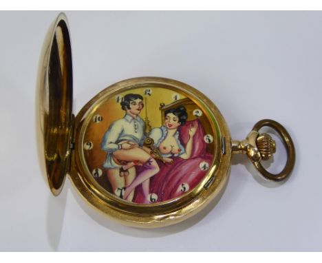 A 14 K Remontoir 15 Jewel Novelty Erotic Automaton Open Face Pocket Watch, stamped 144060.