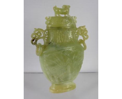 Chinese 20th Century Pale Celadon Jade Vase and Cover. The vase carved with Taotie in shallow relief to either side, The cove