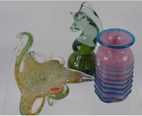 Miscellaneous Glass, including Mdina Glass Pink and Blue Vase, two Mdina sea horses and a Murano ashtray. (4)