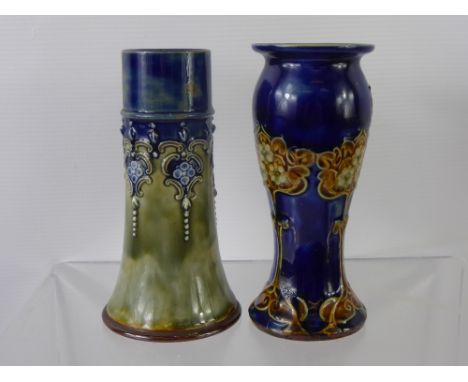 A Doulton Lambeth Ware Vase, in the Art Nouveau style (af) together with a Doulton Lambeth Ware Vase (2)