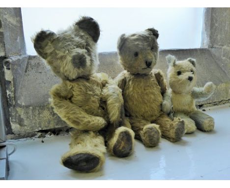 Three Antique Mohair Teddy Bears, two with articulated limbs and glass eyes, approx 43 cm, 37 cm & 25cm. (3)