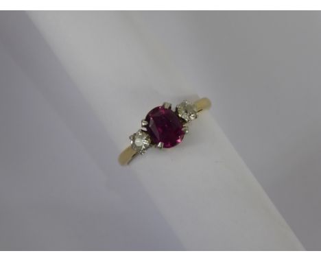 A Lady's Antique 18 ct Yellow Gold and Platinum Three Stone Ruby and Diamond Ring, the ruby approx 7 x 5.3 mm,  approx 1.07ct