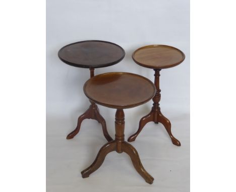 Three Circular Wine Tables, tripod base, approx 17 x 50 cms, 30.5 x 46 cms; 30 x 52 cms